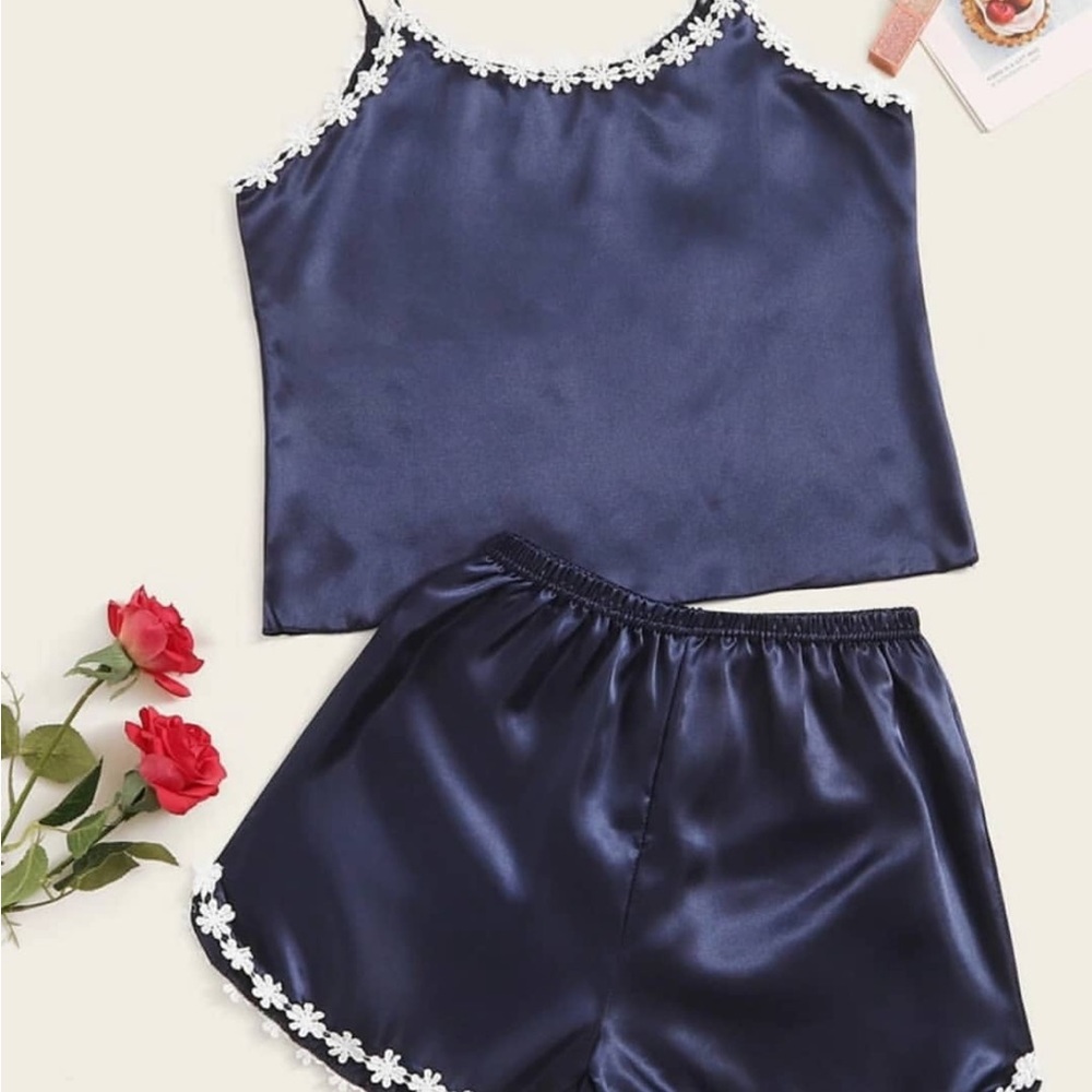 Navy Blue Satin Sleepwear Set with Floral Trim